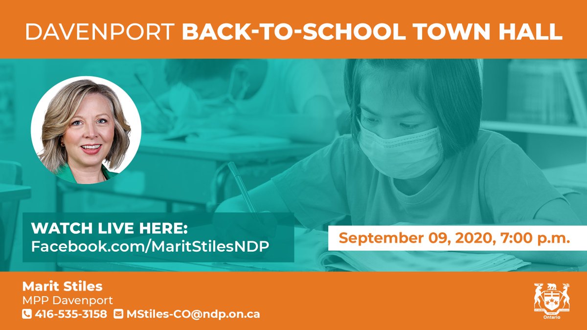 MaritStiles's tweet photo. What does the province's back-to-school plan mean for our local schools? What can we do to keep pushing for #SmallerSaferClasses?
Join me this Wednesday for a #DavenportTO back-to-school town hall. Streaming live on Facebook - RSVP here: https://t.co/l467nQLdbV https://t.co/KBxANAR8sL