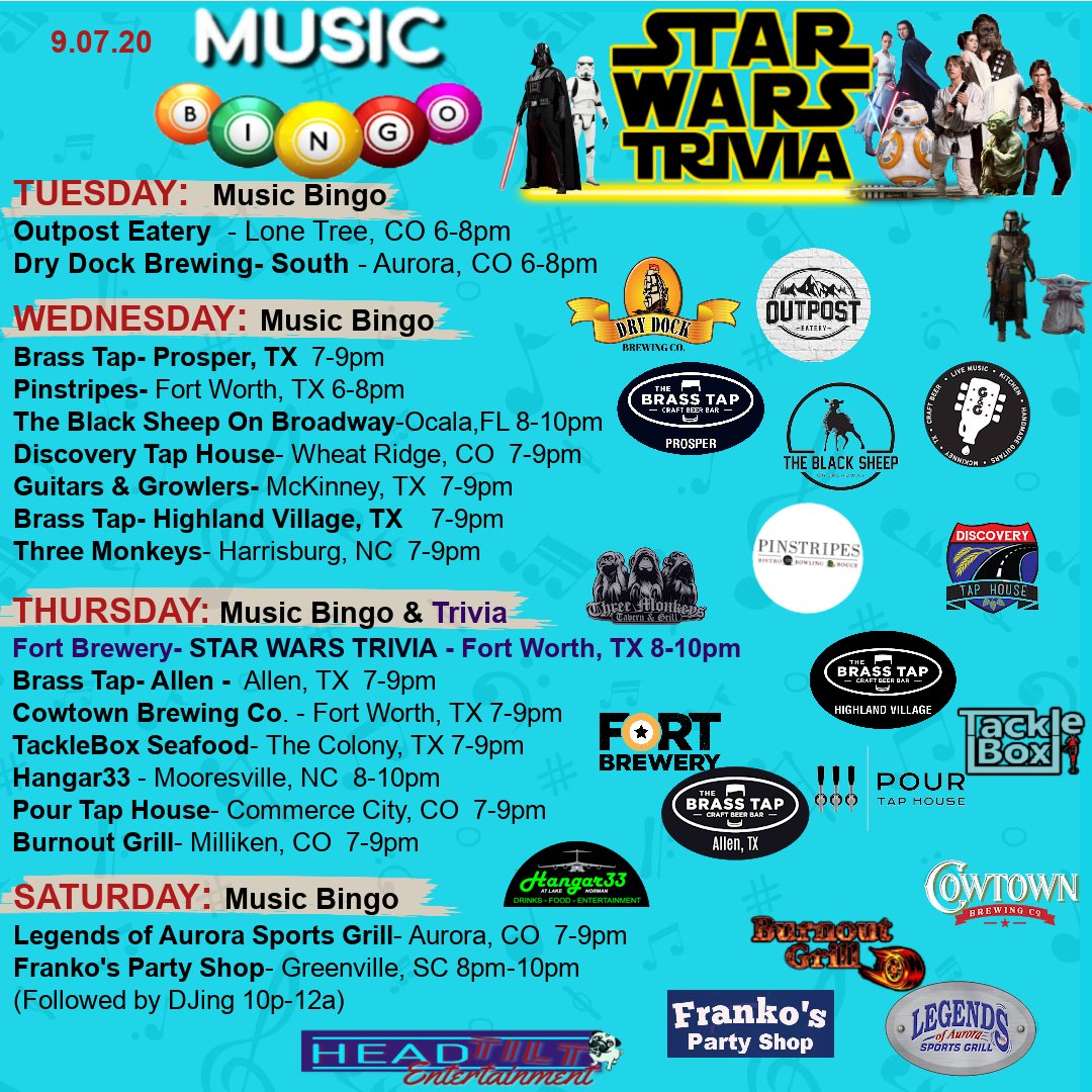 Headtiltfun's tweet photo. #MusicBingo #Trivia #StarWarsTrivia #Free #craftdrinks #craftbeer #cerveza #LoneTreeCO #AuroraCO #McKinneyTX #HighlandVillageTX #CommerceCity #MillikenCO #ArlingtonTX #FortWorthTX #GreenvilleSC #MooresvilleNC #HarrisburgNC #WheatRidgeCO #TheColonyTX #OcalaFL #ProsperTX #AllenTX https://t.co/zK8rmDZsEz