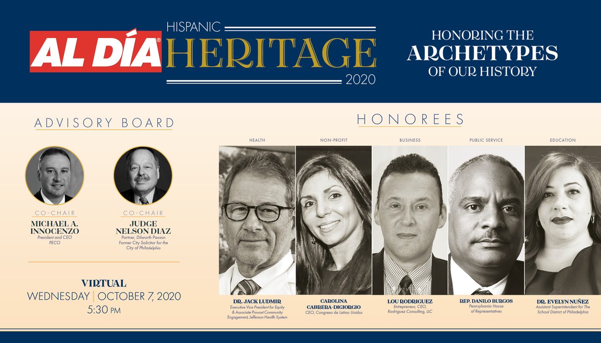 ALDIANews's tweet photo. AL DÍA presents the Co-Chairs and Honorees for this year's 2020 Hispanic Heritage Awards. 

Held on Oct.7, 2020

 @JackLudmir Carolina DiGiorgio @lourodriguez @RepBurgos  Evelyn Nunez @PECOconnect 

Read more: https://t.co/28QEoWwlYi
#HispanicHeritageMonth #ALDIALIVE https://t.co/FKgH3UoZPl