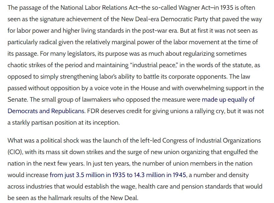Hey- New Deal Dems passed NLRA so they had to be more pro-labor than now, right? But that passed in bipartisan before explosion of more radical CIO union organizing - and GOP and chunk of New Deal Dem party rapidly turned against labor back then. /2