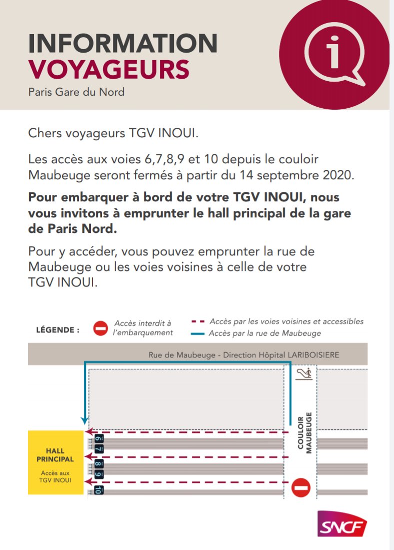Vous prenez votre 🚄 <a href="/TGVINOUI/">TGV INOUI</a>  au départ de la gare de #ParisNord ? 
➡️ À partir du 14 sept, l'accès à votre TGV se fera exclusivement par la plateforme principale.