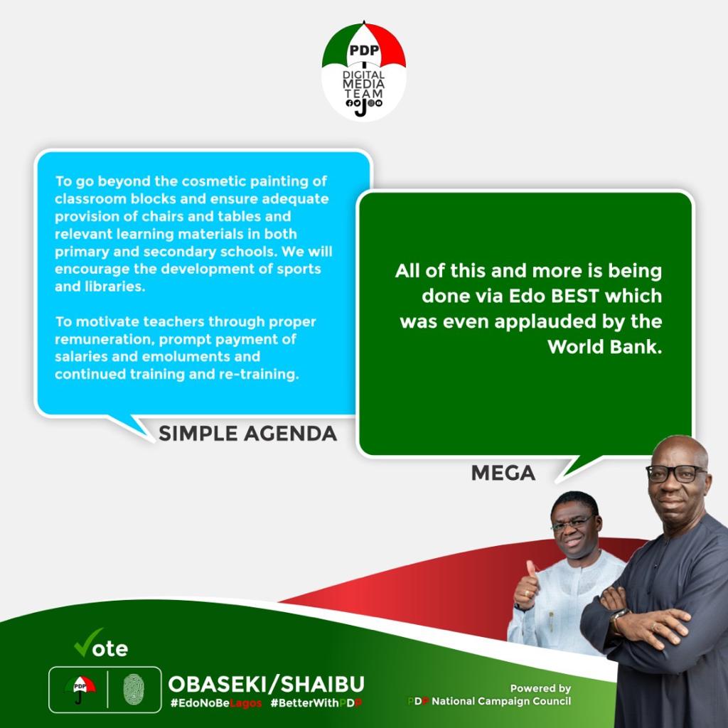banji____'s tweet photo. Voting for PDP is a choice between proven track record of giant developmental strides under Gov Obaseki and "I will do this,i will that" promises.
Obaseki's track record speaks for itself.
#GetOutTheVotes https://t.co/dQZvKU2bKJ