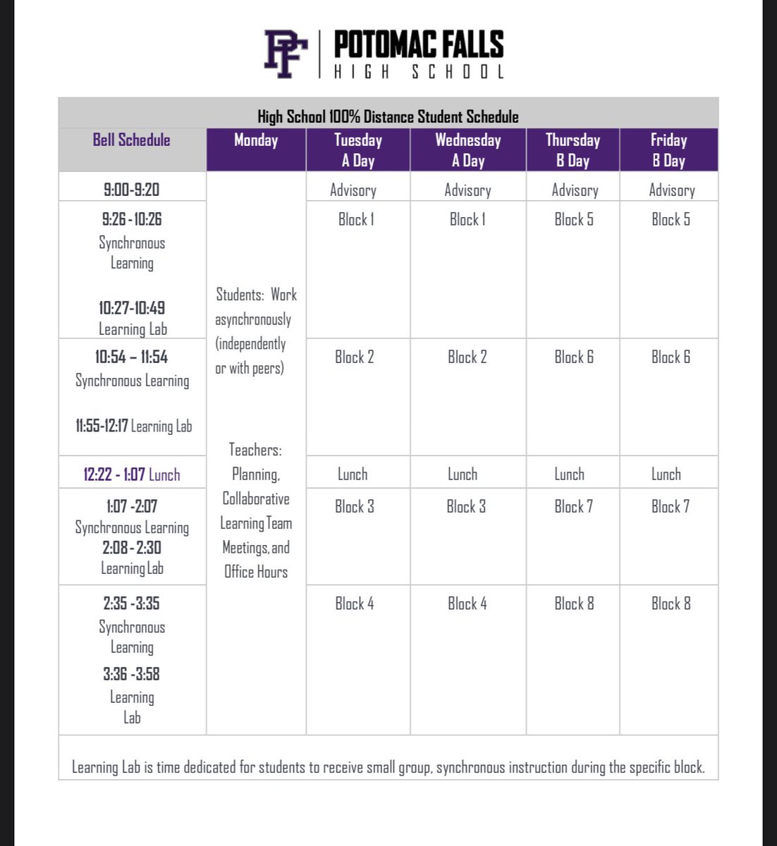 Here is our bell schedule for distance learning! We will see you tomorrow in Advisory at 9 am! <a href="/PFHS_PTSO/">PFHS PTSO</a> <a href="/PFHSCounseling/">Potomac Falls HS School Counseling</a> <a href="/PotomacFallsSCA/">Potomac Falls SCA</a> <a href="/pfhsclassof2021/">POTOMAC FALLS SAB</a> <a href="/PFHSClassof2022/">Class of 2022</a> <a href="/2023Pfhs/">pfhs class of 2023</a> @pfhslink <a href="/pfhsybk/">PFHS YBK</a> <a href="/pfhstheroar/">The Roar</a> @PFHSGuitarClub <a href="/PFHS_Tech/">Potomac Falls TRT</a> <a href="/PFHSTHEATER/">Potomac Falls Drama</a> <a href="/pfhsathletics/">PFHS Athletics</a>
