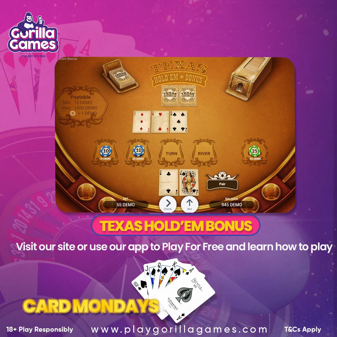 GorillaGamesRw's tweet photo. #cardgamemonday
Uyu munsi umikino wa makarita ni ~. TEXAS HOLDβEM BONUS ~
Sura https://t.co/whGAUMSIsK cyangwa ukoreshe Android Casino App yacu π² gukina utsinde!
#casino #cardgames #easy #fun #bestodds #onlinegaming #onlinebetting https://t.co/HLjjIuXmnE
