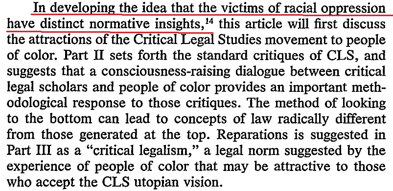 18/Further, this paper say people's experience and culture are a new "epistemological source," and victims of oppression have "distinct normative insight."That's not liberalism. That my friends, is feminist standpoint epistemology; and that's Postmodern, not liberal.