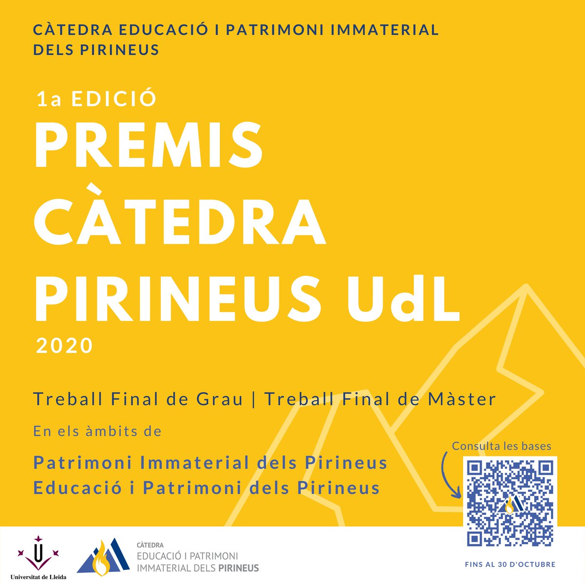 CatedraPirineus's tweet photo. 📢 Recorda! Ja pots participar en la primera edició dels Premis Càtedra Pirineus UdL!

Consulta'n les bases a la nostra web 👉 https://t.co/mdrzH5vT44 o escaneja 📱 el codi QR!

👀Esperem el teu treball!

#premis #pirineus #cultura #patrimoni #educació https://t.co/xGssnG0l4G