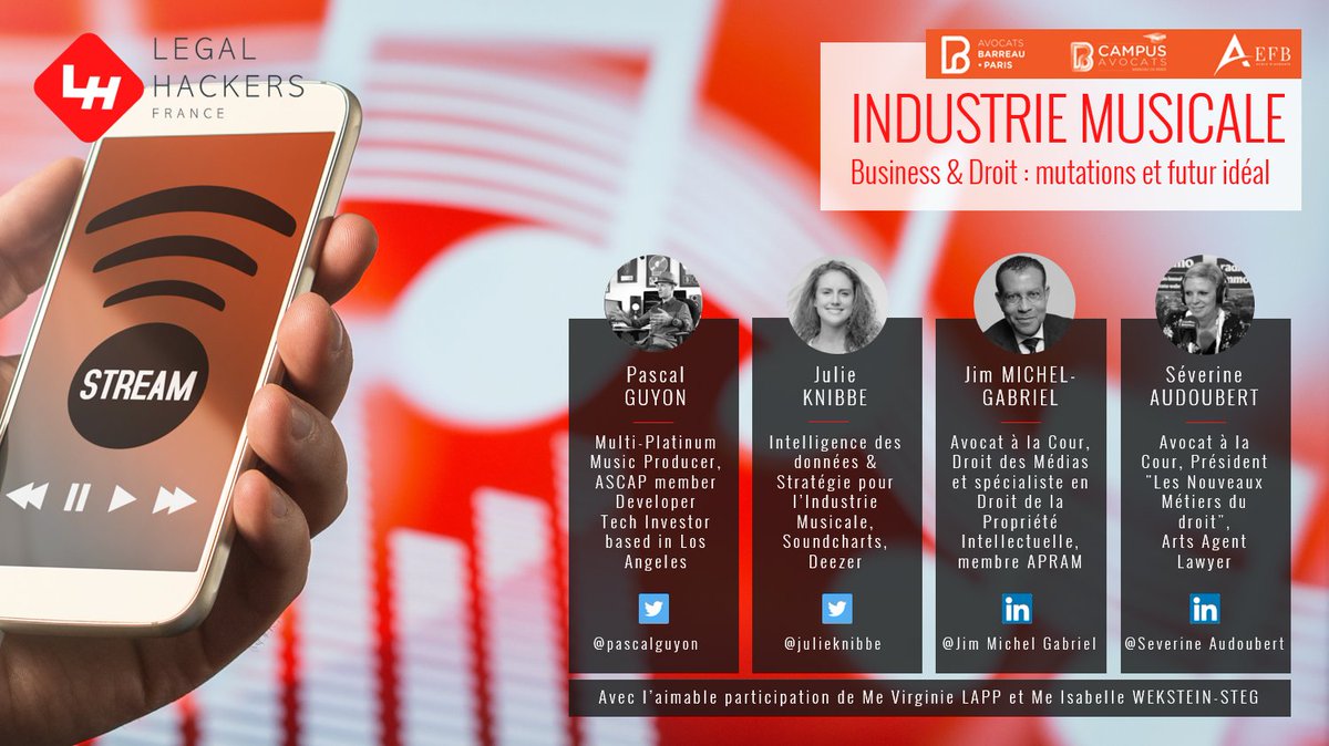 LegalParis's tweet photo. Le panel 'INDUSTRIE MUSICALE Business &amp; Droit, mutations et futur idéal' est enfin disponible en vidéo.

@pascalguyon @SAudoubert @julieknibbe Jim Michel-Gabriel @Isabelle_WS Virginie Lapp @Avocats_Paris

#musicbusiness #musictech #legalhackers #legaltech

https://t.co/pTYyr46Qtp https://t.co/k8Eu3SzyX7