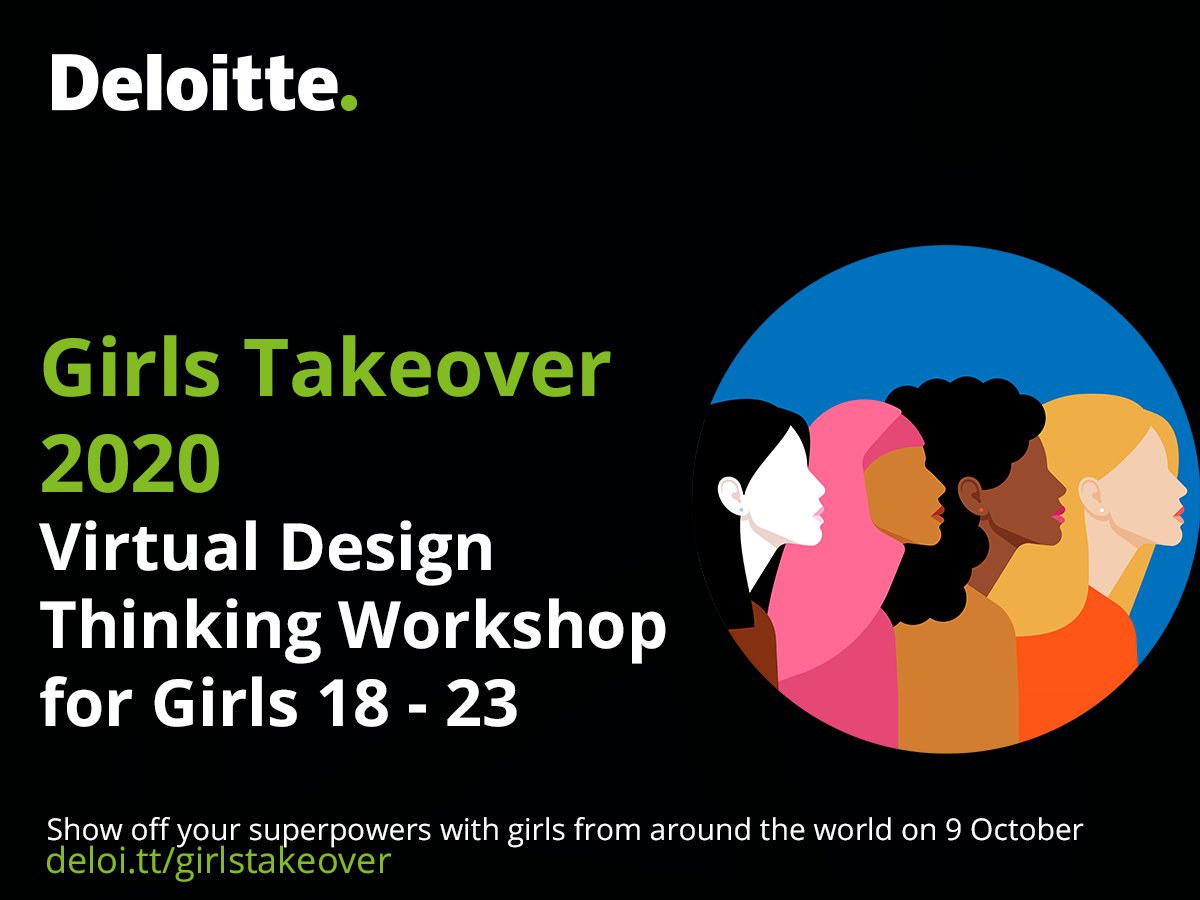 DeloitteItalia's tweet photo. Chi guida il mondo? Le ragazze! Partecipa a Girls Takeover, un workshop di design thinking virtuale della durata di un giorno che si svolgerà il 9 ottobre. Candidati subito! Hai tempo fino al 25/09: https://t.co/4cv2kj6Uwo #GirlsTakeover2020 #DeloitteItalia #DeloitteInclusion https://t.co/aFY86fidnH