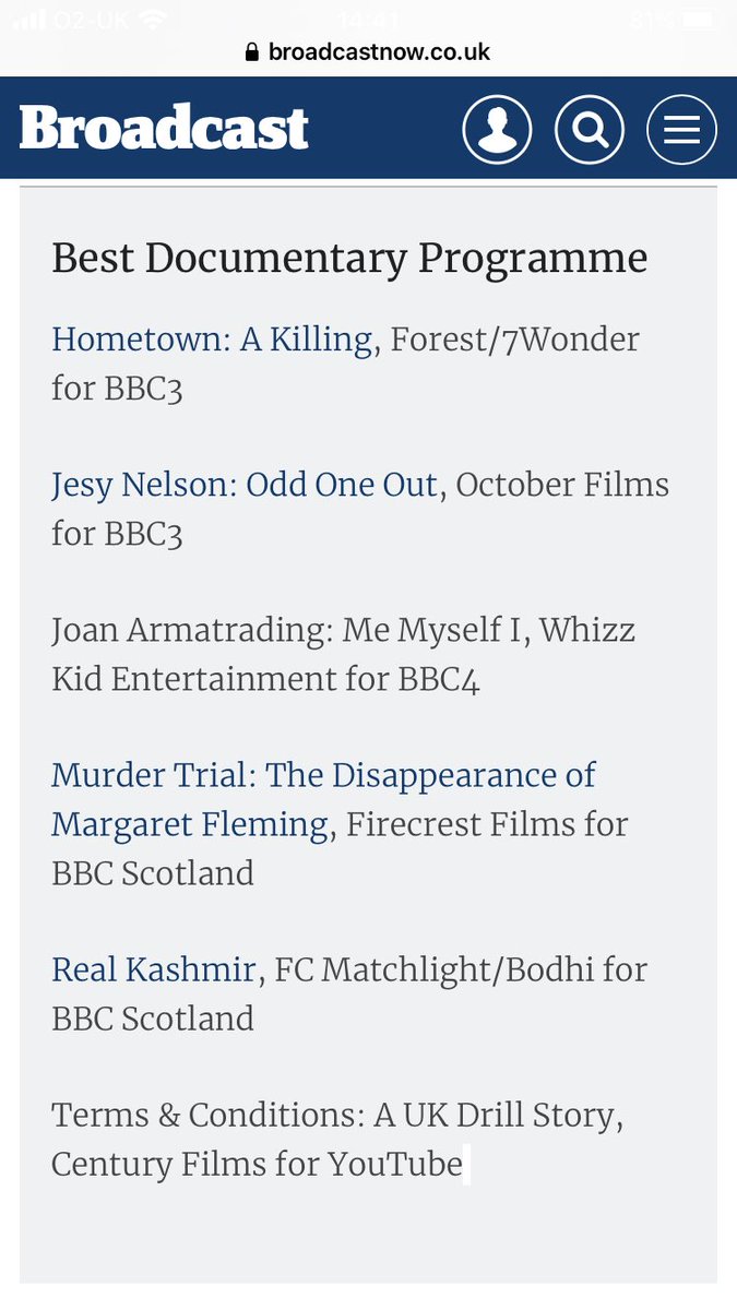 Wow! Murder Trial is nominated for ⁦<a href="/BroadcastDigi/">Broadcast Digital Awards</a>⁩ award for best documentary. What lovely news. Huge congratulations to ⁦<a href="/MattPinder2000/">Matt Pinder</a>⁩ and the brilliant team who made it.