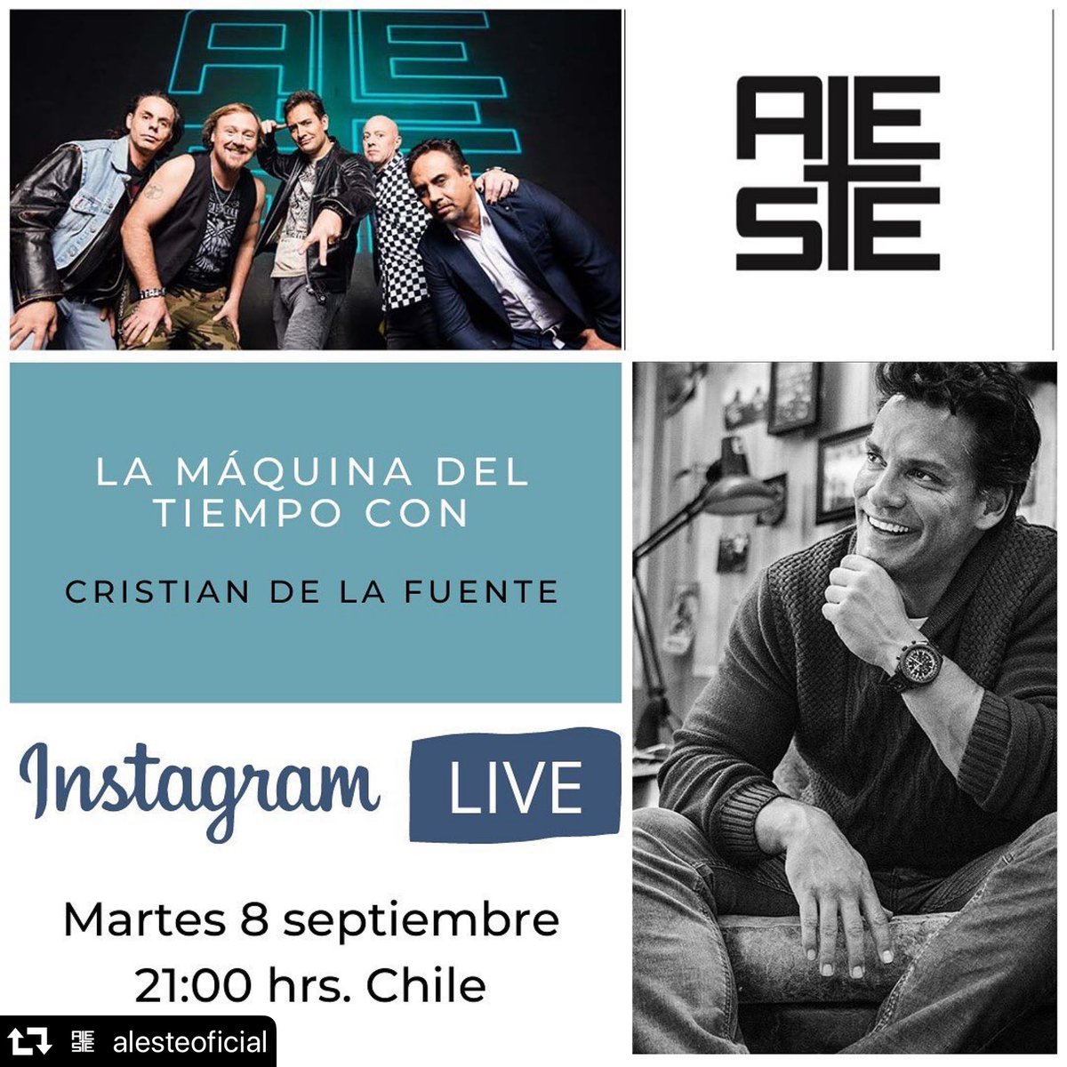 Mañana martes 8 de septiembre tendremos un live con el gran <a href="/iamdelafuente/">CristiandelaFuente</a> quien se apunta?! Hablaremos y compartiremos de todo, historias, recuerdos, anécdotas!, Manden algunas preguntas!! #lamaquinadeltiempo 9pm (Chile) 7 pm (México)