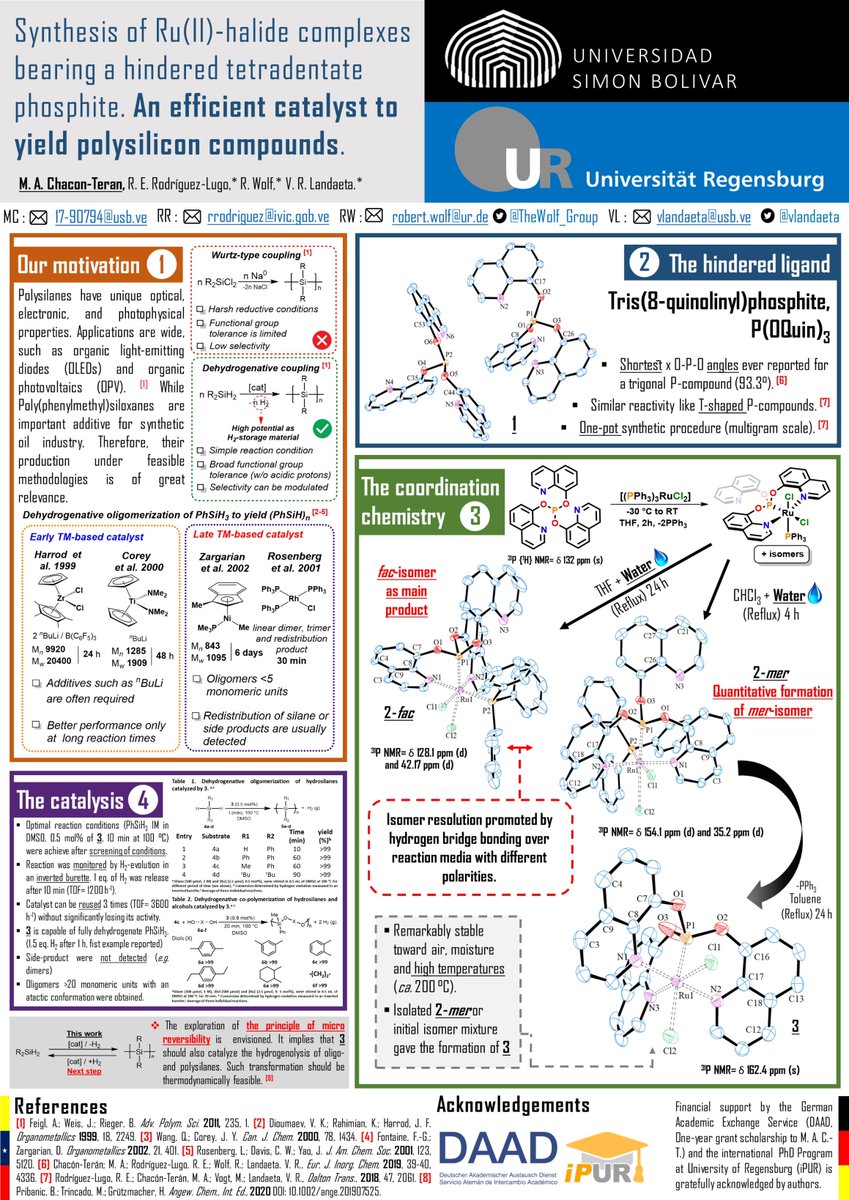 mchacon233's tweet photo. Hi everyone at @LatinXChem, this is my work “Synthesis of Ru(II)-halide complexes bearing a hindered tetradentate phosphite. An efficient catalyst to yield polysilicon compounds.”, #LatinXChem #LatinXChemInorg #Inorg069 #InorgChem @campusb @uni_regensburg @EurJIC @InorgChem 🇻🇪🇩🇪 https://t.co/J8y6jsJh57