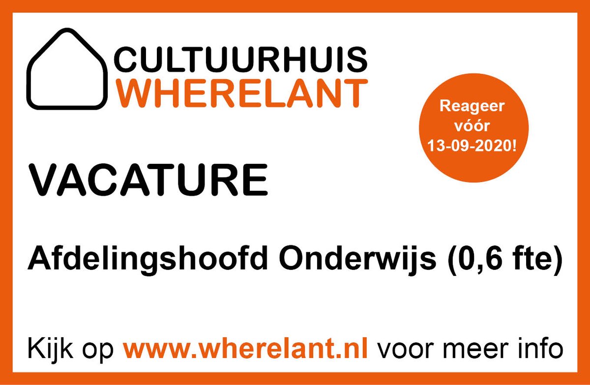 Wij zoeken een Afdelingshoofd Onderwijs met visie en ambitie, een culturele ondernemer met een heldere kijk op de ontwikkelingen binnen de kunsteducatie en bekend met het onderwijsveld! wherelant.nl/over-ons/vacat…

#vacature #culturelevacature #purmerend #kunsteducatie
