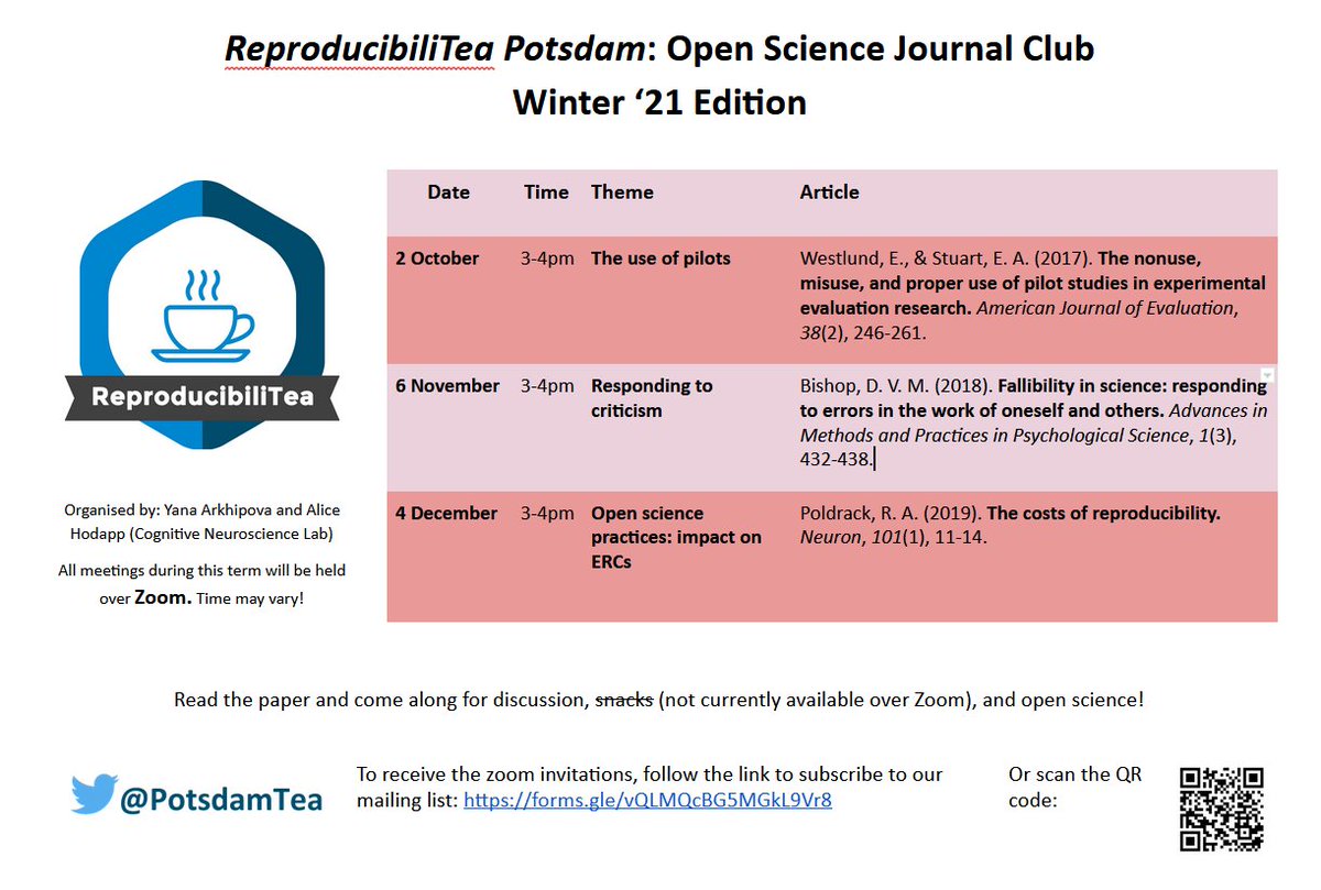 ReproducibiliTea Potsdam (@potsdamtea) on Twitter photo Our new winter term timetable is up on OSF! The first session is scheduled for October 2nd. osf.io/k9etb/ Sign up to our mailing list to get Zoom invitations and join the discussion 🥳forms.gle/MKqTYKGGp3o5yE… Our new winter term timetable is up on OSF! The first session is scheduled for October 2nd. osf.io/k9etb/ Sign up to our mailing list to get Zoom invitations and join the discussion 🥳forms.gle/MKqTYKGGp3o5yE…