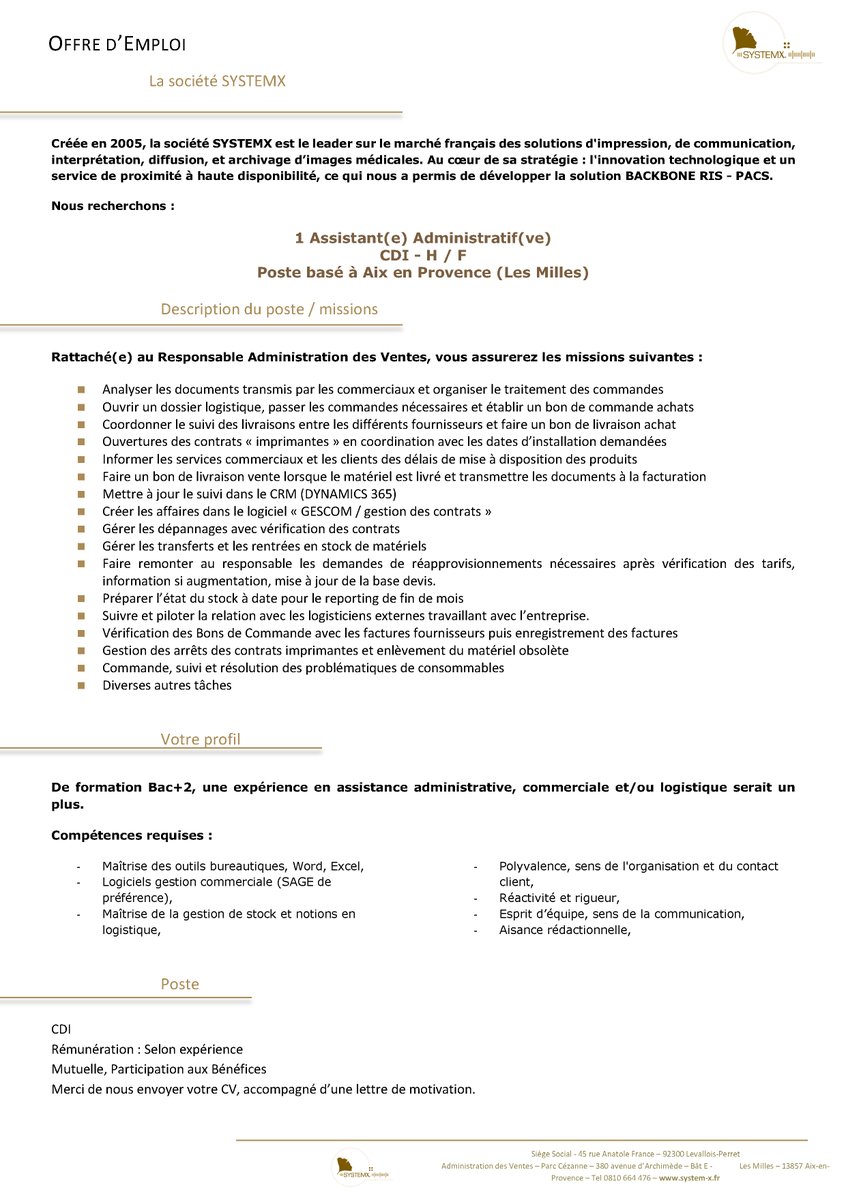 _System_X_'s tweet image. SYSTEMX #recrute un(e) Assistant(e) Administratif(ve) en #CDI sur Aix en Provence 🎉

✅ Vous souhaitez participer au développement d’une entreprise dynamique et spécialisée dans le secteur de l’imagerie médicale ?

Envoyez maintenant votre #candidature : recrutement@system-x.fr