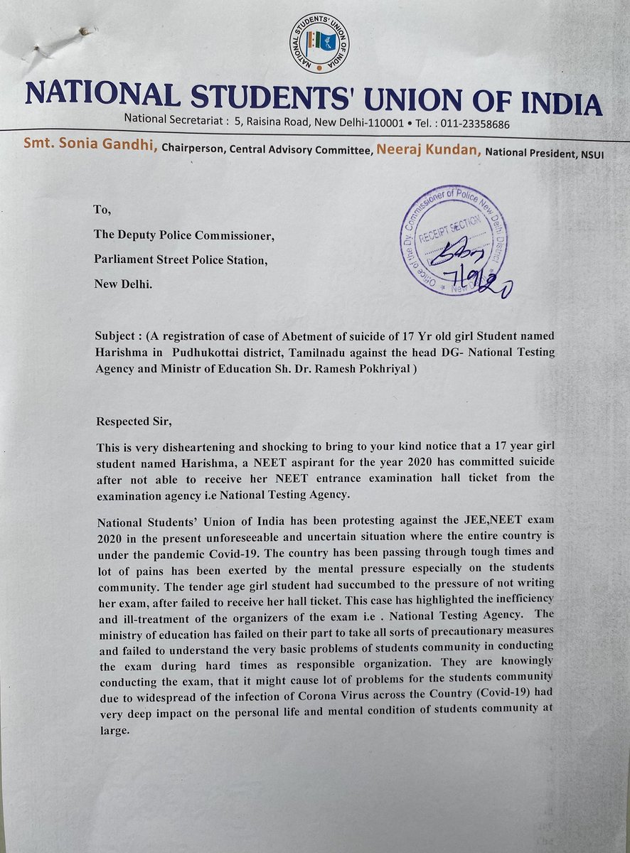 NSUIKarnataka's tweet photo. A 17 year old girl student who didn't receive her NEET hall ticket has committed suicide in Tamilnadu. India's Education Minister is solely responsible for her suicide. Today NSUI filed a complaint against @DrRPNishank and @DG_NTA 
#ParentsDemandPostponeNEET https://t.co/LM2EJx1Fb1