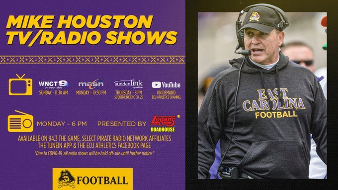 East Carolina Pirates (@ecuathletics) on Twitter photo The first Mike Houston Radio Show airs tonight! Don’t forget to tune into <a href="/943TheGame/">94.3 THE GAME</a> to hear from <a href="/ECUPiratesFB/">ECU Football</a> HC @ECUCoachHouston’s first show of 2020, airing tonight at 6 PM. 🏴☠️🏴☠️ The first Mike Houston Radio Show airs tonight! Don’t forget to tune into <a href="/943TheGame/">94.3 THE GAME</a> to hear from <a href="/ECUPiratesFB/">ECU Football</a> HC @ECUCoachHouston’s first show of 2020, airing tonight at 6 PM. 🏴☠️🏴☠️