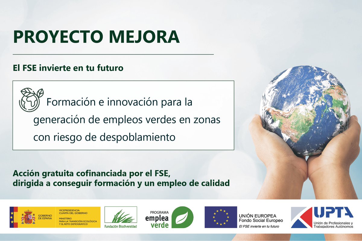 upta_es's tweet image. @upta_es Infórmate sobre Mejora nuestro proyecto de formación para crear #empleoverde🌱aprobado en el marco del #ProgramaEmpleaverde de @FBiodiversidad y @mitecogob Acción gratuita cofinanciada por FSE dirigida a conseguir formación y empleo de calidad ℹ️cutt.ly/2fQT8DN