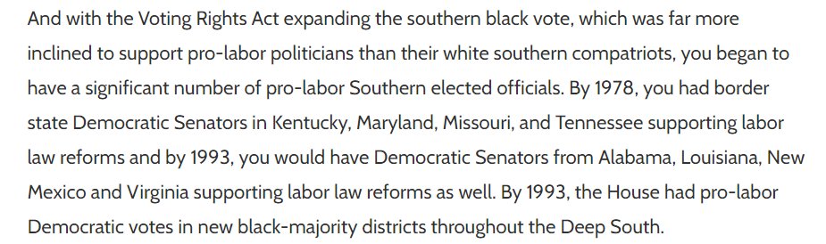 Notably, one part of the story is anti-labor Southern Democrats joining the Republicans, but you also had - thanks to the Voting Rights Act - new progressive PRO-labor Democrats emerging in the South as well. /10
