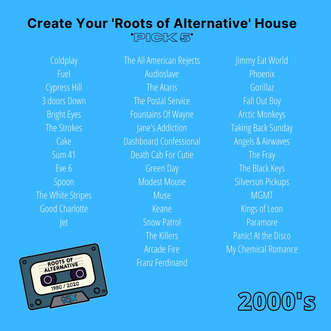 95X's tweet photo. Pick your five best from the first decade of the 21st century!
Our #RootsOfAlternative weekend continues today. Check out our podcast looking back on the last four decades of alternative music π https://t.co/8dhofcA0Es https://t.co/OSD1Jcy3aB