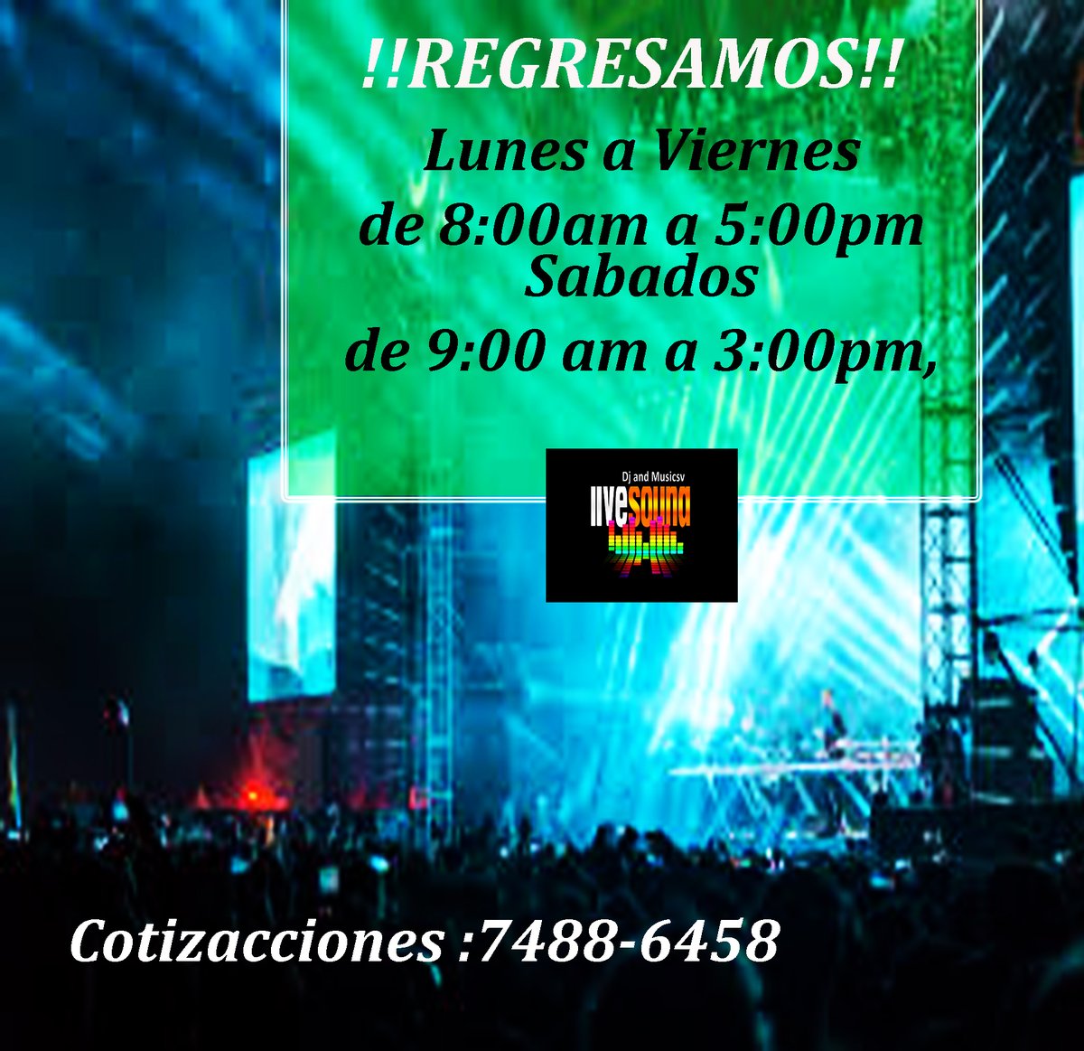 LiveSound20's tweet photo. !!Estamos abiertos , Recuerda ya puedes hacer tus cotizaciones para tus eventos via whatsapp: 📲 7488-6458 https://t.co/n2vXGola3h