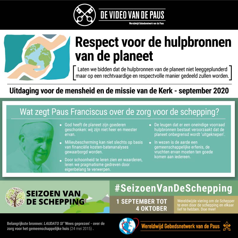 VideovandePaus's tweet photo. 🌎@Pontifex nodigt ons uit om te bidden dat de hulpbronnen van de planeet niet worden geplunderd, maar eerlijk en respectvol worden gedeeld. Nee tegen plunderen, ja tegen delen! #SeizoenVanDeSchepping #Delen @popesprayernet @VaticanIHD @CathClimateMvmt @SeasonCreation https://t.co/vjvAhpV85l
