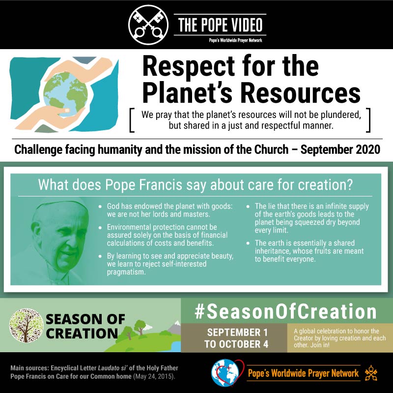 🌎 @Pontifex invites us to pray that the planet’s resources will not be plundered, but shared in a just and respectful manner. No to plundering; yes to sharing! #SeasonOfCreation #Sharing #ThePopeVideo 
@popesprayernet @VaticanIHD @Gasmuha @CathClimateMvmt @SeasonCreation