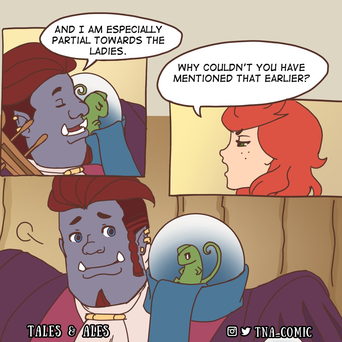 Ladies' Ogre man.

Read the comic as how we intended at Webtoons, link in our profile.

#comics #comic #comicart #webcomic #dnd #dungeonsanddragons #webtoon #fantasy #fantasyart #story #art #amber #redhead #cat #cats #felis #tapas #tapastic #dndmemes #ogre #bard #raygun