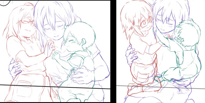 躓きまくって下描きが中々進まない数日でした?下手くそめが!
何となく勘が戻り始めて最初に描いたページ修正中
←修正前 →修正後
気になっちゃって直さないと進めません 