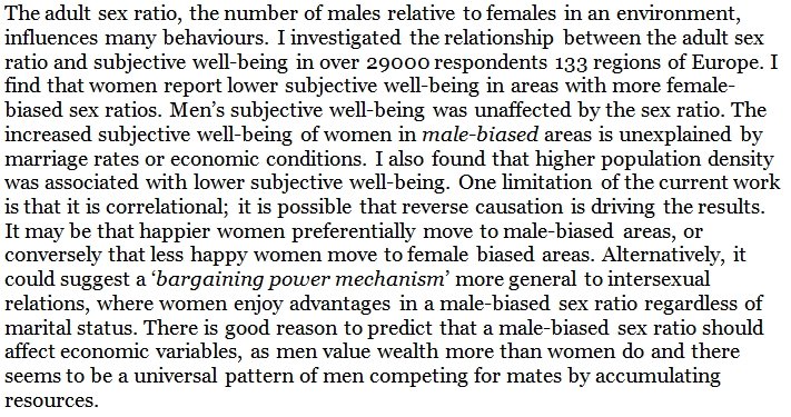 DegenRolf's tweet photo. Women are unhappier in regions where there exists a greater number of females relative to males, while men are unaffected by the sex ratio. https://t.co/KnSsJ6UXnN https://t.co/0TI4Hznl6R