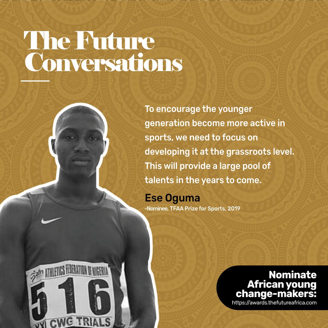TFAAfrica's tweet photo. To encourage the younger generation become more active in sports, we need to focus in developing it at the grassroots level - @eseoguma nominee, #TFAA Prize for Sports 2019
#TheFutureProject #FutureLeaders #TFAA #TFAA15 #FutureFestival #TheFutureConversation https://t.co/B79so7L6G3