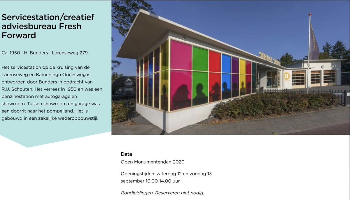 freshforward_nl's tweet photo. Benieuwd naar de historie van ons unieke Service Station en altijd al eens een kijkje binnen willen nemen? Dan is dit je kans! Dit weekend doen we mee aan de Open Monumentendag Hilversum. Je bent meer dan welkom! https://t.co/aorkZkg7os #bijzondere #locaties #OMD2020 https://t.co/bwRG2A3IaL