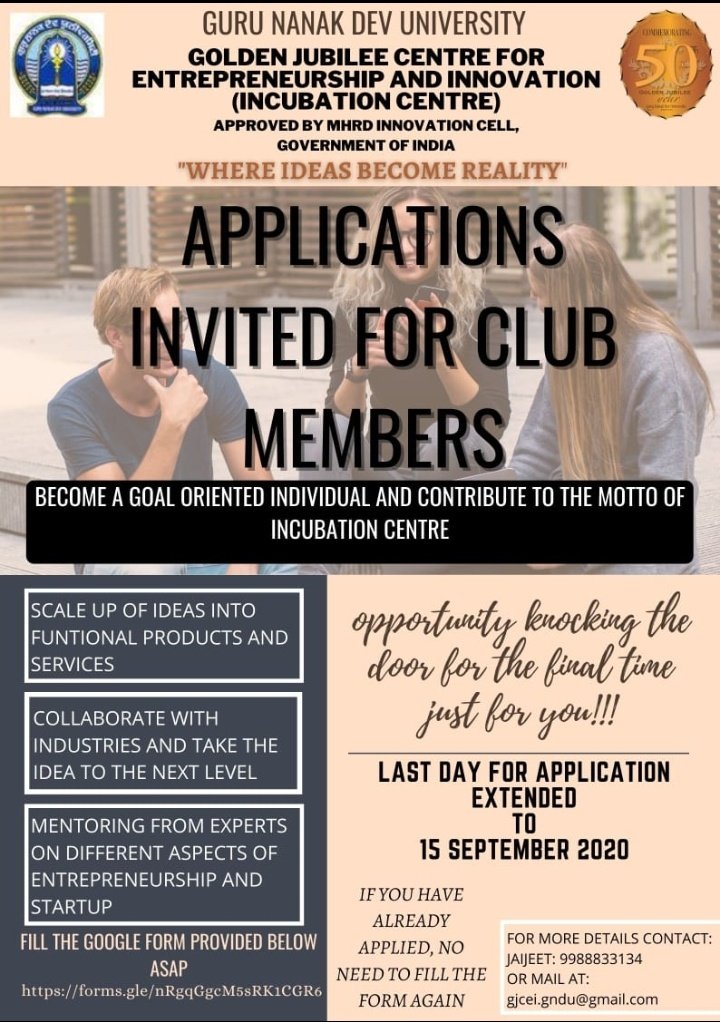 sci_rox's tweet photo. On behalf of @GJCEI1 @gndu_amritsar , @sci_rox is inviting you to register yourself for the position of #clubmember of the Incubation Centre via link-https://t.co/YbVjiGwURA https://t.co/i8oIpZuFFX