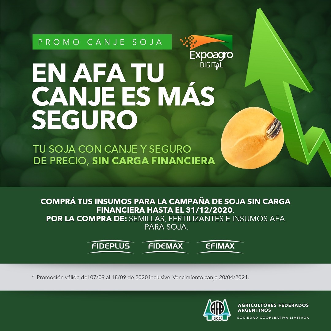 AFASCL's tweet photo. Con esta promo de AFA, comprás hoy ¡y pagás en 2021! 🌱

Porque durante Expoagro Digital tus granos valen más, adquiriendo semillas, fertilizantes e Insumos AFA para soja.

✔️ Y además, con canje y seguro de precio, sin carga financiera.

#ExpoagroDigital #AFACUMPLE #AFASCL https://t.co/FD0KRKRLSY