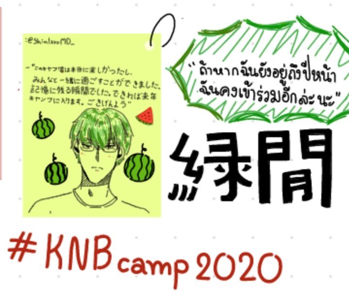 ชายหนุ่มผมเขียวค่อยๆเลื่อนดูรูปในมือถือของเขาไปเรื่อยๆก่อนจะไปสะดุดกับรูปๆหนึ่ง รูปนั้นบ่งบอกอย่างชัดเจนว่าทักษะทางด้านศิลปะของเขานั้นไม่ได้เทียบเท่ากับทักษะการชู้ตบาสของเขาเลย ชายหนุ่มคิดและขมวดคิ้วเล็กน้อย

" ช่างเถอะ อย่างน้อยก็ดูเป็นรูปเป็นร่างล่ะนะ -_- "

#KNBcamp2020