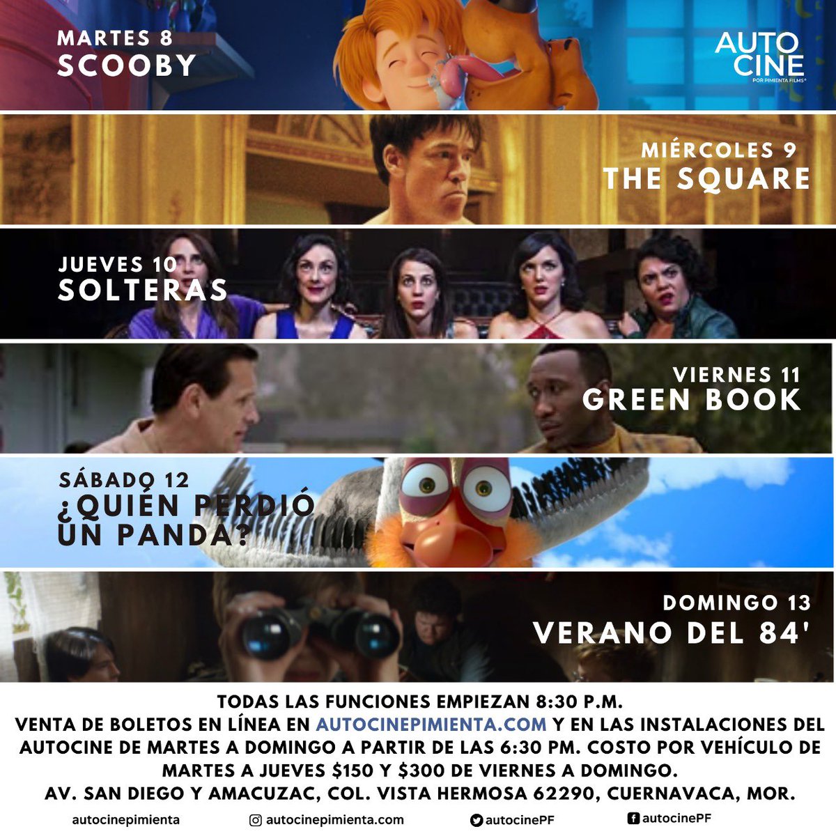 AutocinePF's tweet photo. Esta es la cartelera de esta semana en #autocinepimienta 

¡Queremos verte esta semana!
¡Te esperamos! 

Compra tus 🎫🎫 en https://t.co/4x64kL9OTG

$150 de martes a jueves.
$300 de viernes a domingo https://t.co/PqCT3y1Dkc