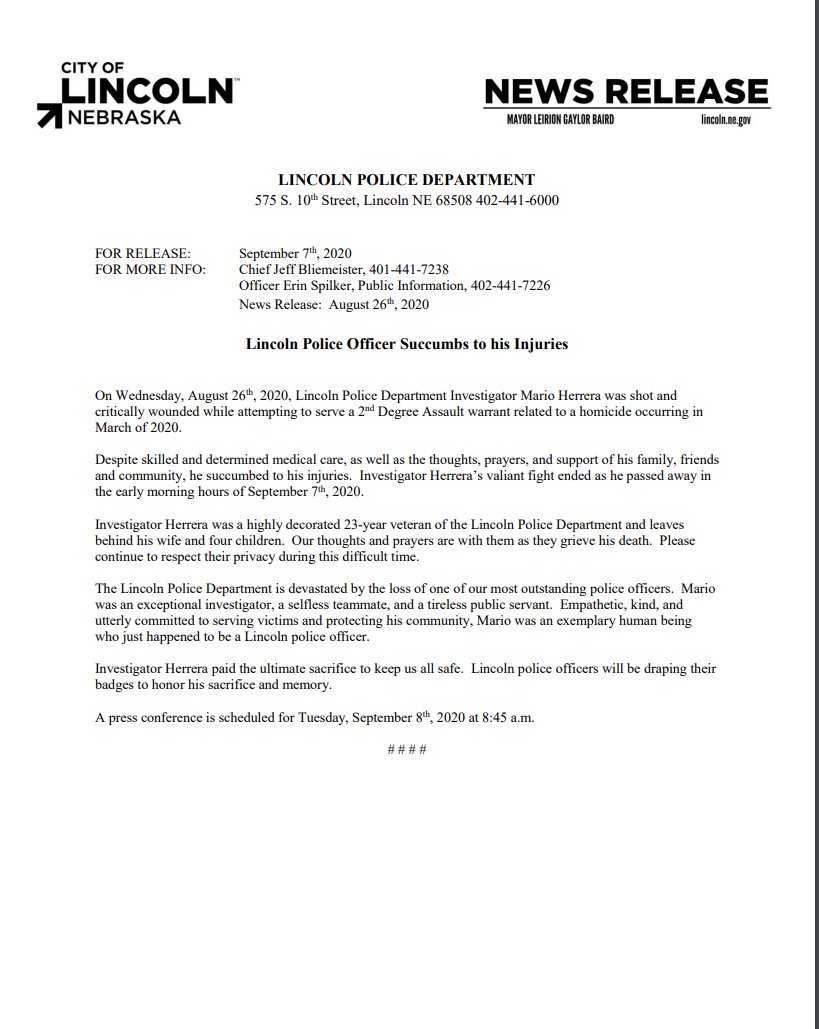 Investigator Mario Herrera has succumbed to his injuries.  Despite skilled &amp; determined medical care, as well as the thoughts, prayers, &amp; support of his family, friends &amp; community, his valiant fight ended as he passed away in the early morning hours of September 7th, 2020.  #LNK