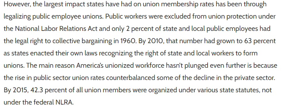 But if filibuster made federal pro-labor legislation impossible, you see pro-labor policy at the state level where Dems gained full control, from blocking right-to-work to Davis-Bacon to most notably, a massive expansion of public sector unionization starting in 1960s. /14