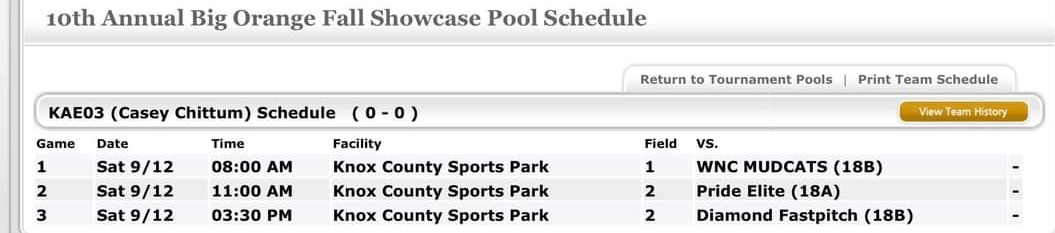 KnoxvilleAngels's tweet photo. Pool Schedule For Big Orange Showcase This Saturday. Single Elimination Bracket Will Start On Sunday! 
#kae03 
#bigorangeshowcase 
#fastpitch https://t.co/VUXQzyNDgI
