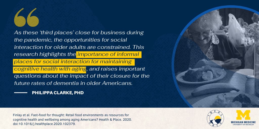 UMDisabilityCtr's tweet photo. New research from @jessica_finlay and #idealRRTC gerontologist Philippa Clarke highlights the importance of restaurants and other informal places for social interaction and the cognitive health of older people https://t.co/hqxqZwQW7n https://t.co/xkWEJgC0kH