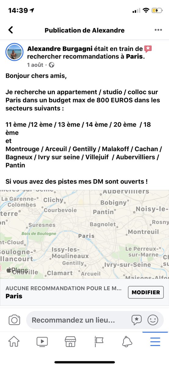 Mes frères et sœurs je suis toujours à la recherche d’un logement sur paris avant la fin du mois car je commence le travail  RT svp