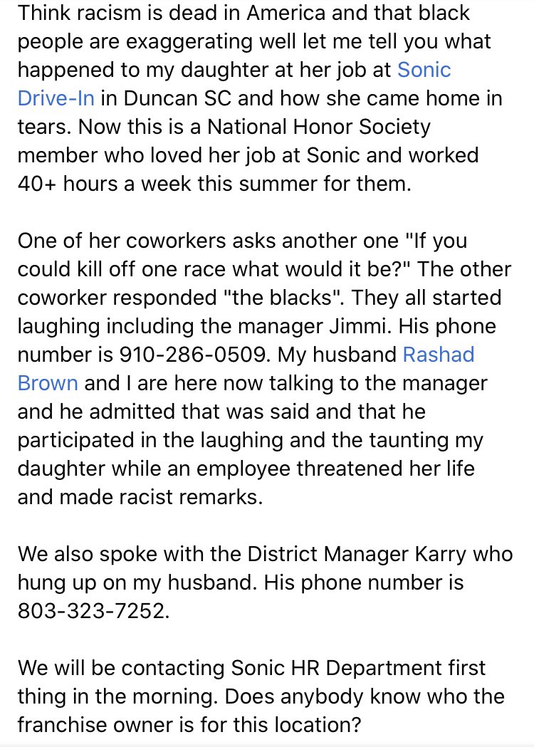 2BrownChic's tweet photo. Check this message from Erica Brown about what her daughter experienced at @sonicdrivein in Duncan. This is unacceptable! https://t.co/KGzJFFES7q https://t.co/vzFJqm7yZh