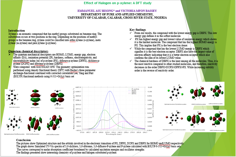 EmmanuelBisong8's tweet photo. @EmmanuelBisong8
Hi, @LatinXChem, this is my work "Effects of halogen on p-xylene: A DFT study", #LatinXChemTheo #Theo-140 https://t.co/QMYpWPll70