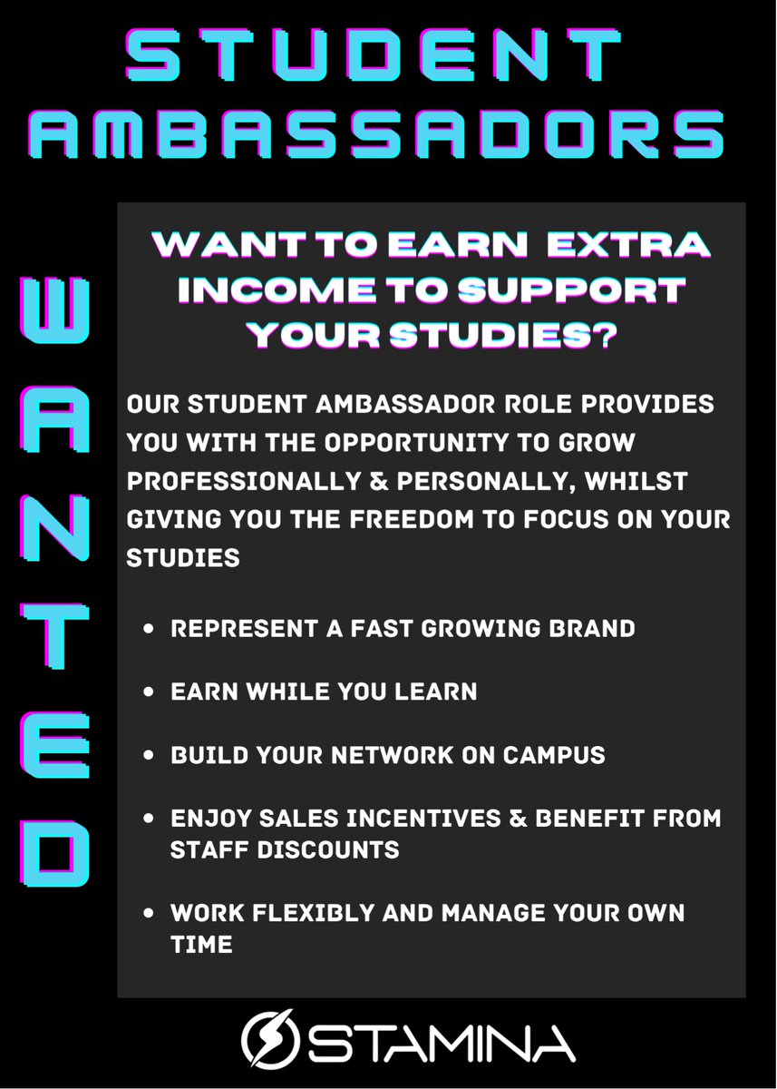 Stamina_Sports's tweet photo. 𝗪𝗮𝗻𝘁 𝘁𝗼 𝗷𝗼𝗶𝗻 𝘁𝗵𝗲 𝗦𝗧𝗔𝗠𝗜𝗡𝗔 𝘁𝗲𝗮𝗺?

We are on the search for Student Ambassadors to spread awareness of the STAMINA brand! Think you got what it takes? 

Get in touch today! 📲

Know someone that might be interested? Send them our way ⚡️ https://t.co/MQzecUhTwd