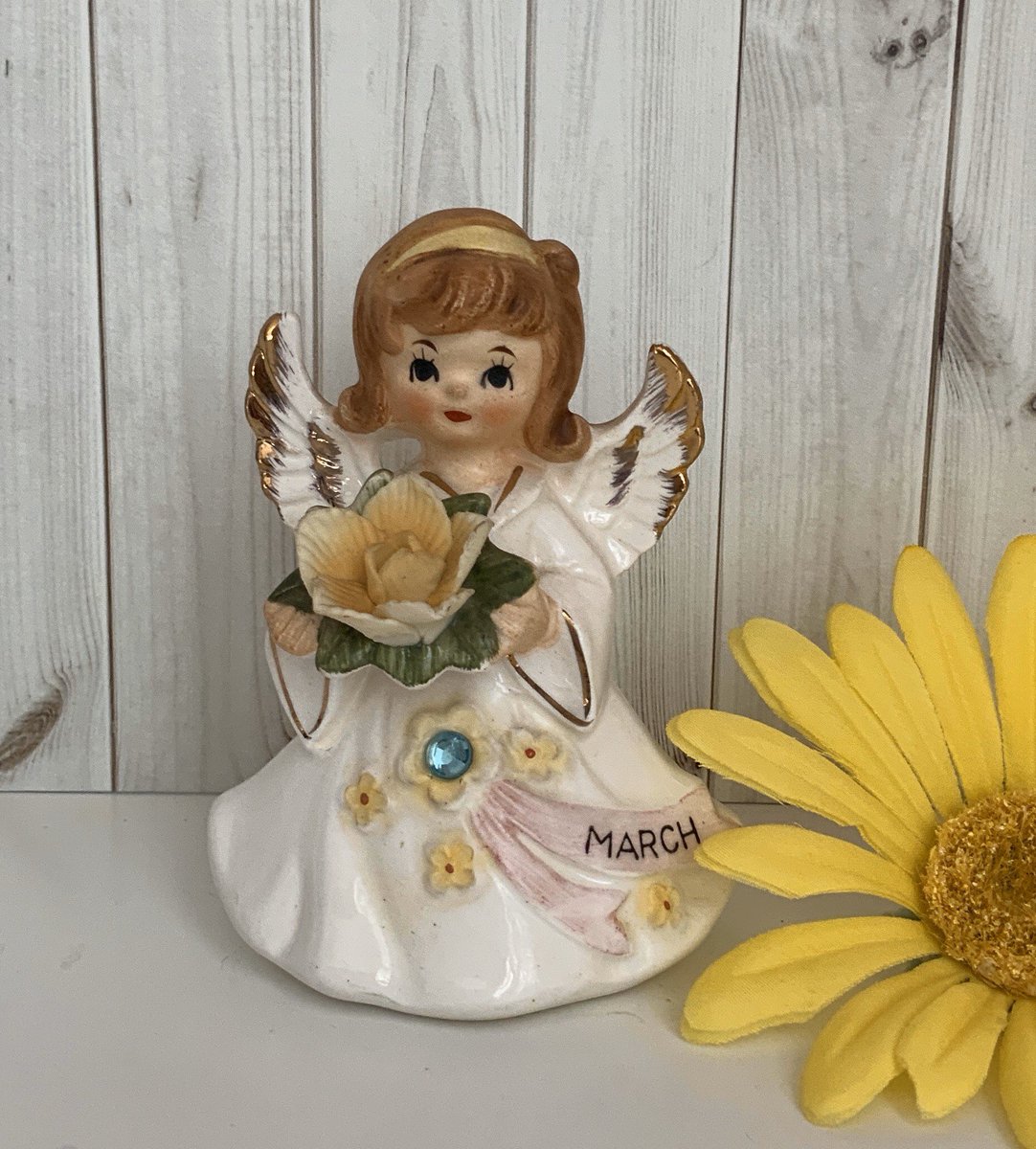 Vintage March Angel Figurine, Lefton 6224, Aquamarine Birthstone, Daffodil Birth Flower, March Birthday, Girl Angel #etsy #white #birthday #yellow #easter #birthdaygift #springangel #marchbirthdaygift #aquamarine #marchfigurine etsy.me/324yQ28