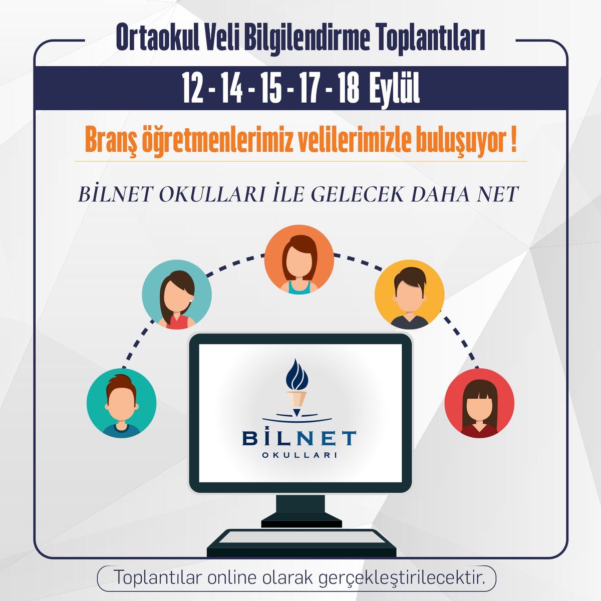 Online olarak yapılacak "Ortaokul Veli Bilgilendirme Toplantı"ları ile ortaokul branş öğretmenlerimiz velilerimize, eğitim içerikleriyle ilgili detaylı bilgilendirmeler yapacaklar.

#BilnetOkulları #BilnetSchools #Ortaokul #VeliBilgilendirmeToplantısı