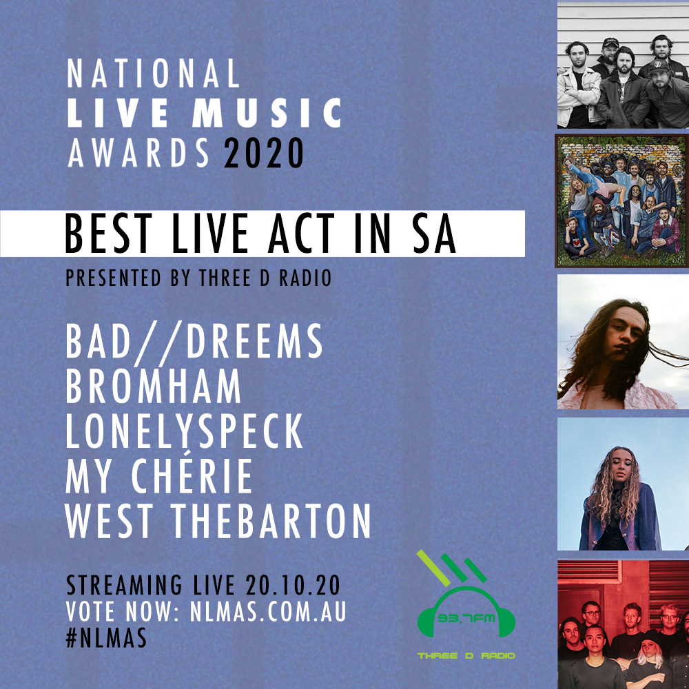 National Live Music Awards (@nlmas23) on Twitter photo Announcing our nominees for Best Live Act in SA - presented by <a href="/ThreeDRadio/">Three D Radio</a>.
@baddreems, Bromham, <a href="/lonelyspeck/">Lonelyspeck</a>, My Chérie, and <a href="/westthebarton/">WEST THEBARTON</a>.
Public Voting is now open at NLMAs.com.au/vote, #NLMAs Announcing our nominees for Best Live Act in SA - presented by <a href="/ThreeDRadio/">Three D Radio</a>.
@baddreems, Bromham, <a href="/lonelyspeck/">Lonelyspeck</a>, My Chérie, and <a href="/westthebarton/">WEST THEBARTON</a>.
Public Voting is now open at NLMAs.com.au/vote, #NLMAs