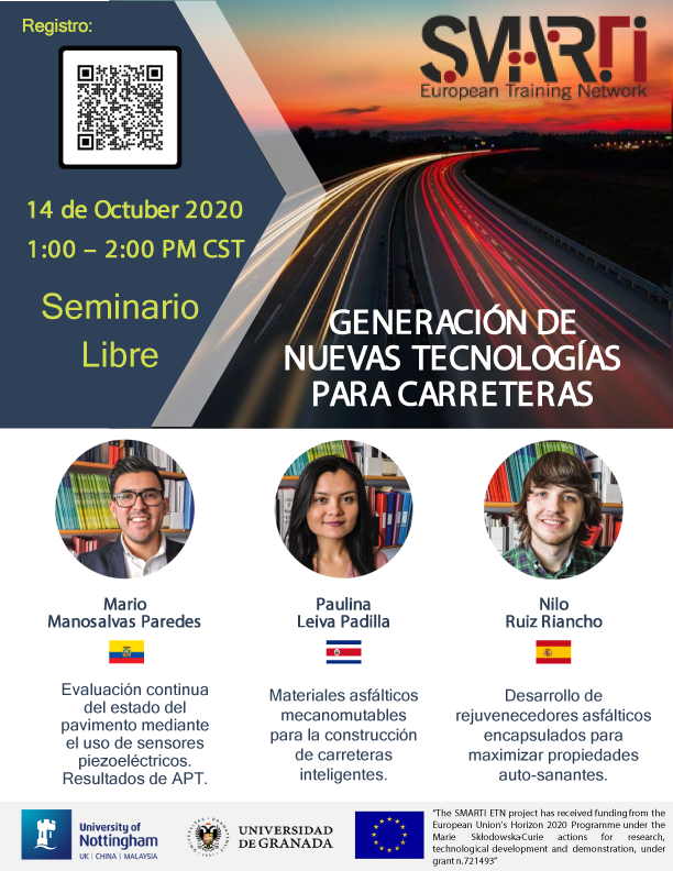 smartietn's tweet photo. @smartietn tendrá el placer de llevar a cabo el seminario “GENERACIÓN DE NUEVAS TECNOLOGÍAS PARA CARRETERAS” completamente en Español, gracias de nuestros investigadores @pauleivap, @mmanosalvasp y @I_Nilo_Ruiz. Regístrate de forma gratuita usando el código QR de la imagen! #MSCA https://t.co/A3xNBHhnxF
