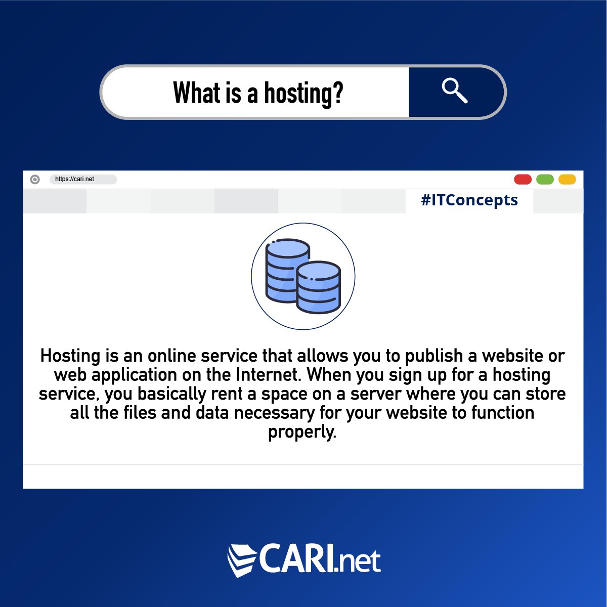 CARInetInc's tweet image. What is a hosting?
Hosting is an online service that allows you to publish a website or web application on the Internet. You basically rent a space on a server where you can store all the files and data necessary for your website to function properly.

#ITConcepts #CARInet