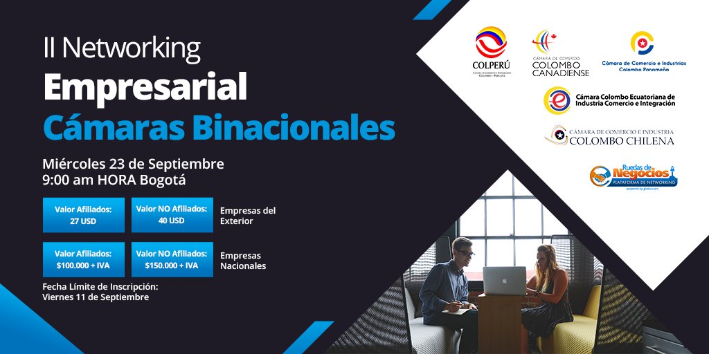 Colombo Chilena (@ccolombochilena) on Twitter photo Las cámaras de comercio binacionales <a href="/camaracolecua/">Cámara Colombo Ecuatoriana 🇨🇴🇪🇨</a>, @cicolpa1, @camaracolperu, <a href="/ccccinfo/">Cámara de Comercio Colombo Canadiense</a> y <a href="/ccolombochilena/">Colombo Chilena</a> les extienden la invitación a la lI rueda de negocios.
Inscríbase ahora en el siguiente enlace: ruedasdenegocios.com/camarasbinacio… Las cámaras de comercio binacionales <a href="/camaracolecua/">Cámara Colombo Ecuatoriana 🇨🇴🇪🇨</a>, @cicolpa1, @camaracolperu, <a href="/ccccinfo/">Cámara de Comercio Colombo Canadiense</a> y <a href="/ccolombochilena/">Colombo Chilena</a> les extienden la invitación a la lI rueda de negocios.
Inscríbase ahora en el siguiente enlace: ruedasdenegocios.com/camarasbinacio…