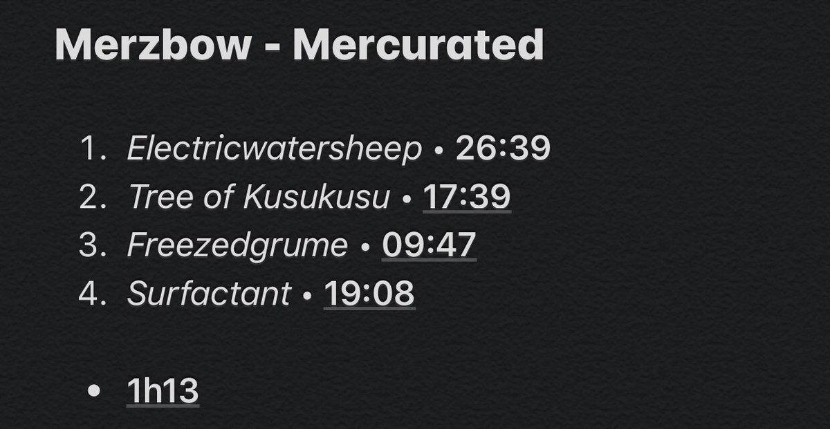 14/107: MercuratedEach tracks sounds different in this album. Electricwatersheep sounds sometimes like an airplane taking off, Tree of Kusukusu sounds way more mechanical, Freezedgrume is nothing special and Sufractant starts way more airy and even sometimes minimalistic.